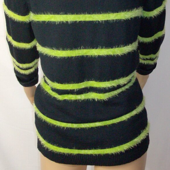J.J. Basics Black sweater with Lime Green Fur/Fuzzy Stripes Size L - Picture 3 of 11